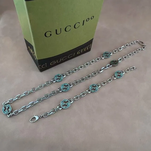 Gucci Silver Green Chunky Link Chain Enamel-Accented Circular Motifs Bracelet 3
