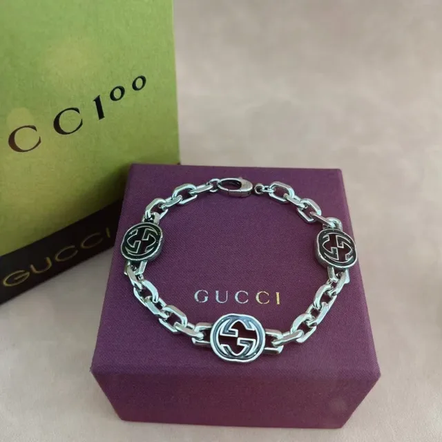 Gucci Silver Green Chunky Link Chain Enamel-Accented Circular Motifs Bracelet 6