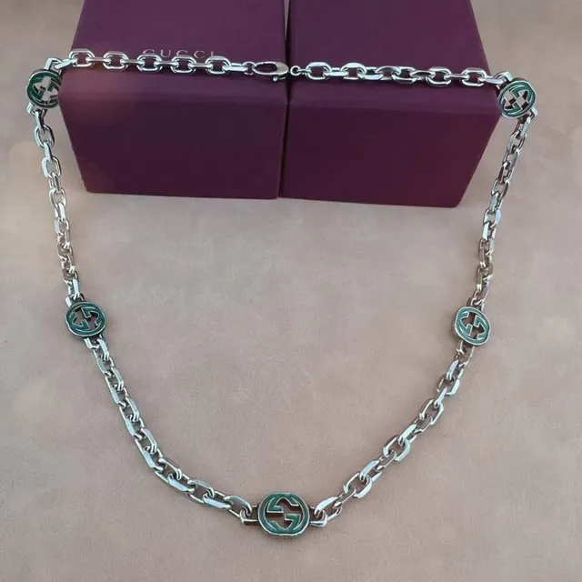 Gucci Silver Green Chunky Link Chain Enamel-Accented Circular Motifs Bracelet 8