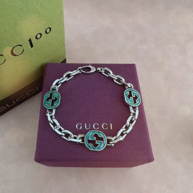 Gucci Silver Green Chunky Link Chain Enamel-Accented Circular Motifs Bracelet 9