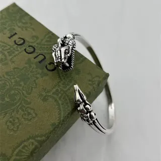 Gucci Silver Green Dragon-Head Terminal Open Cuff Bracelet