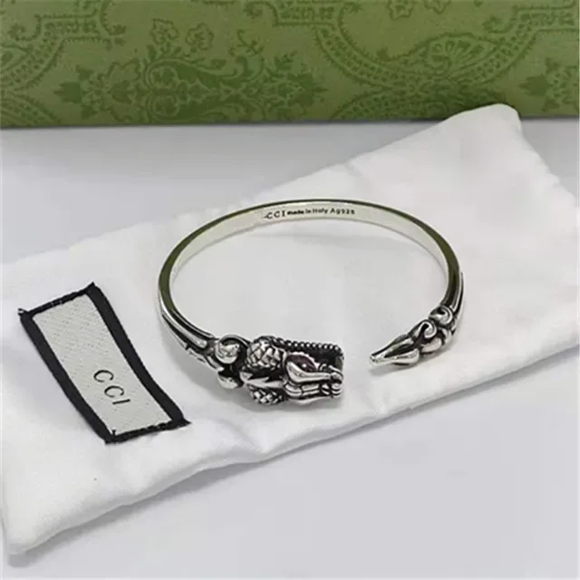 Gucci Silver Green Dragon-Head Terminal Open Cuff Bracelet 2