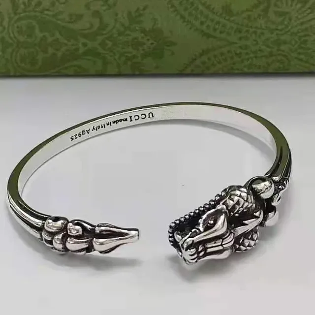 Gucci Silver Green Dragon-Head Terminal Open Cuff Bracelet 3