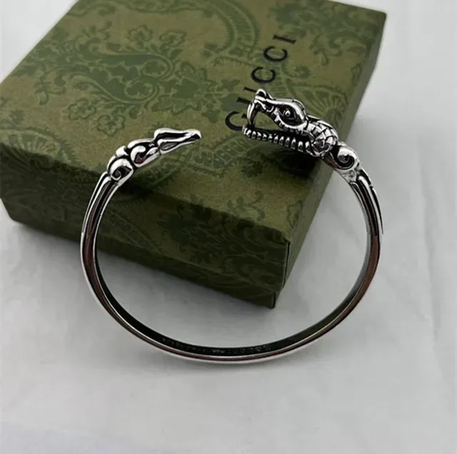 Gucci Silver Green Dragon-Head Terminal Open Cuff Bracelet 6