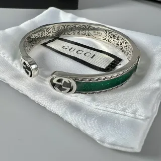 Gucci Silver Green Open Cuff Engraved Floral Motif Bracelet