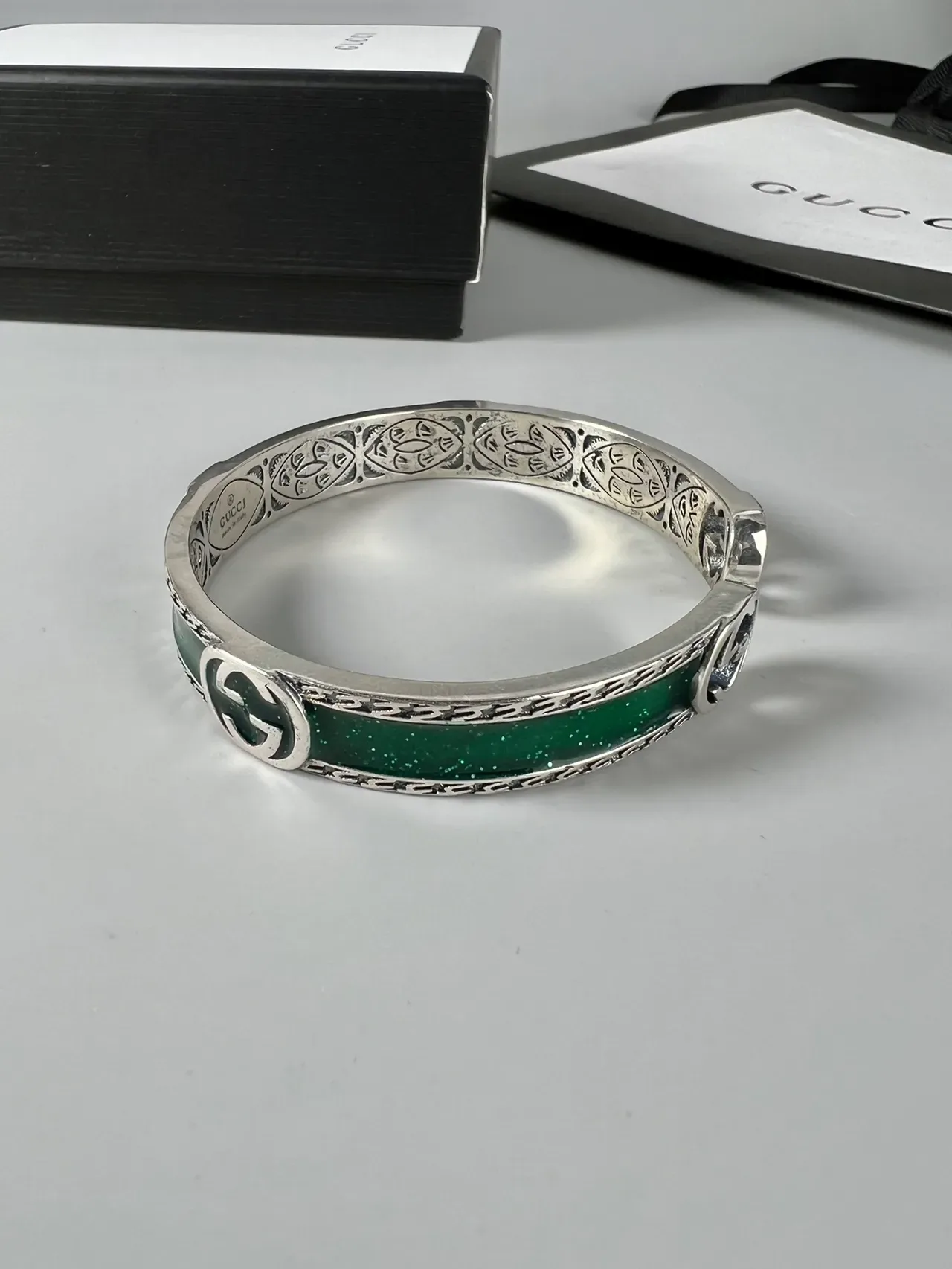 Gucci Silver Green Open Cuff Engraved Floral Motif Bracelet 5