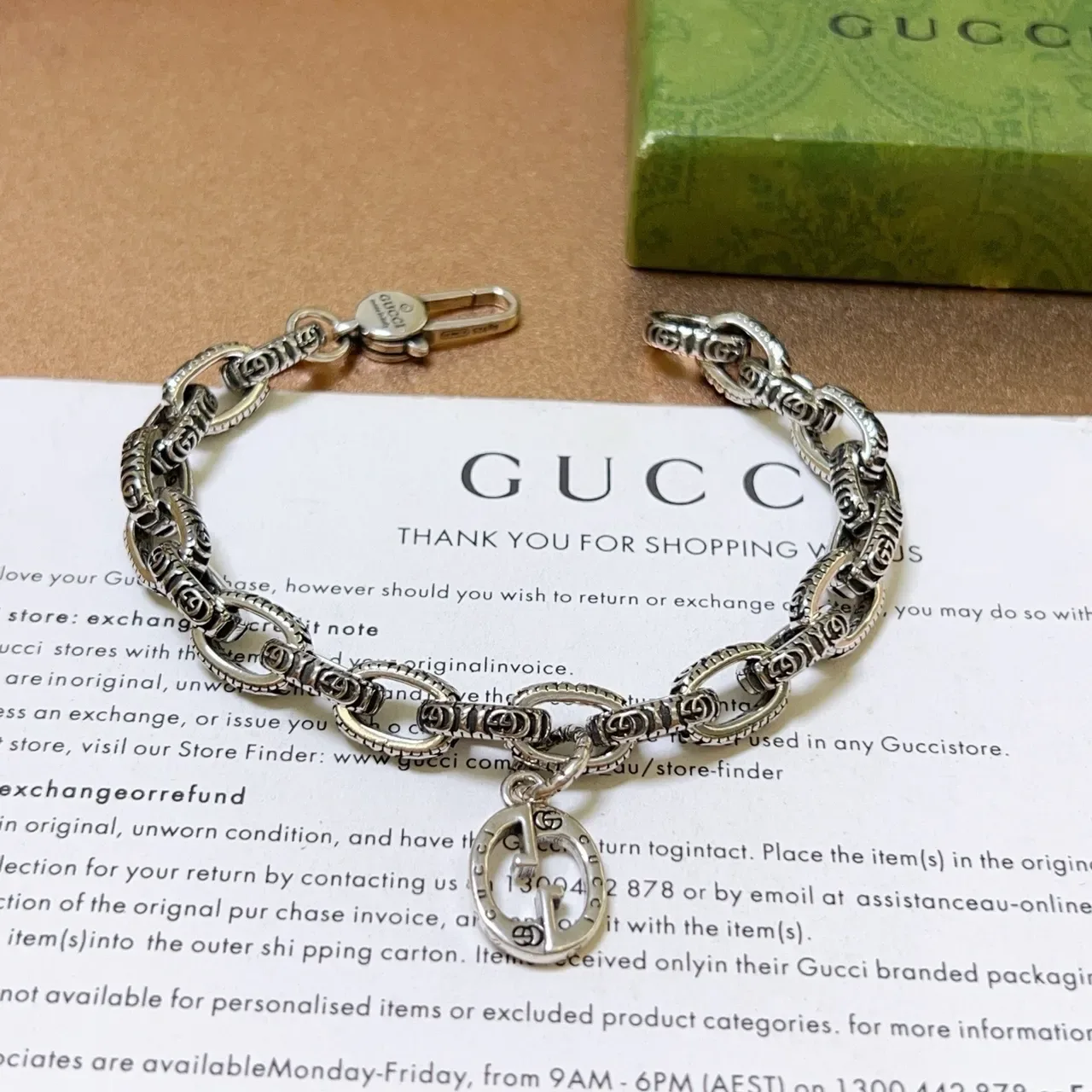 Gucci Silver Ornate Chain Links Interlocking G Pendant Bracelet 7