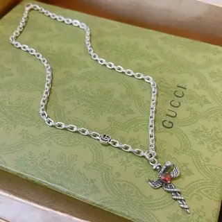 Gucci Silver Red Chain Link Winged Dagger Pendant Necklace