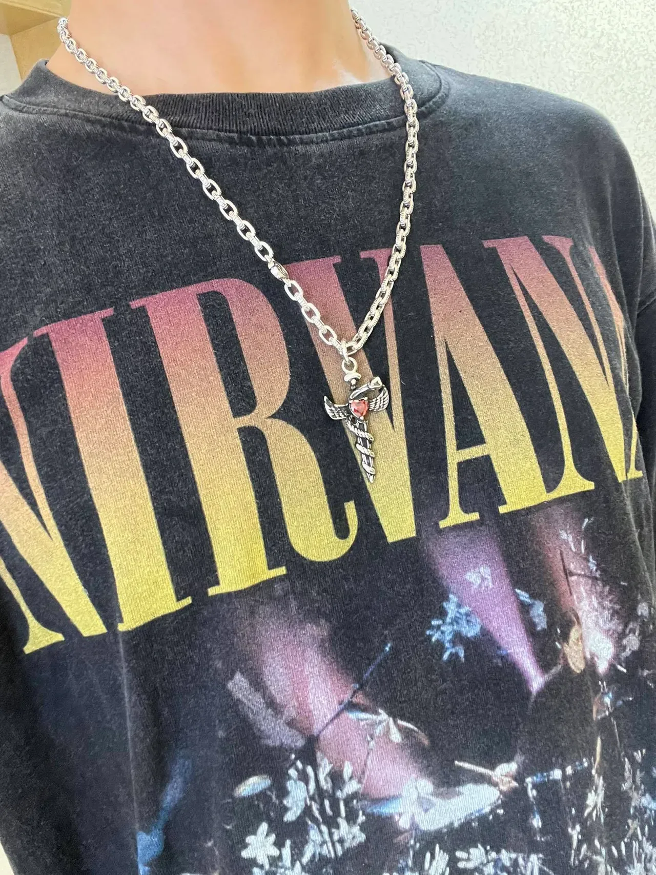 Gucci Silver Red Chain Link Winged Dagger Pendant Necklace 2