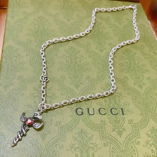 Gucci Silver Red Chain Link Winged Dagger Pendant Necklace 4