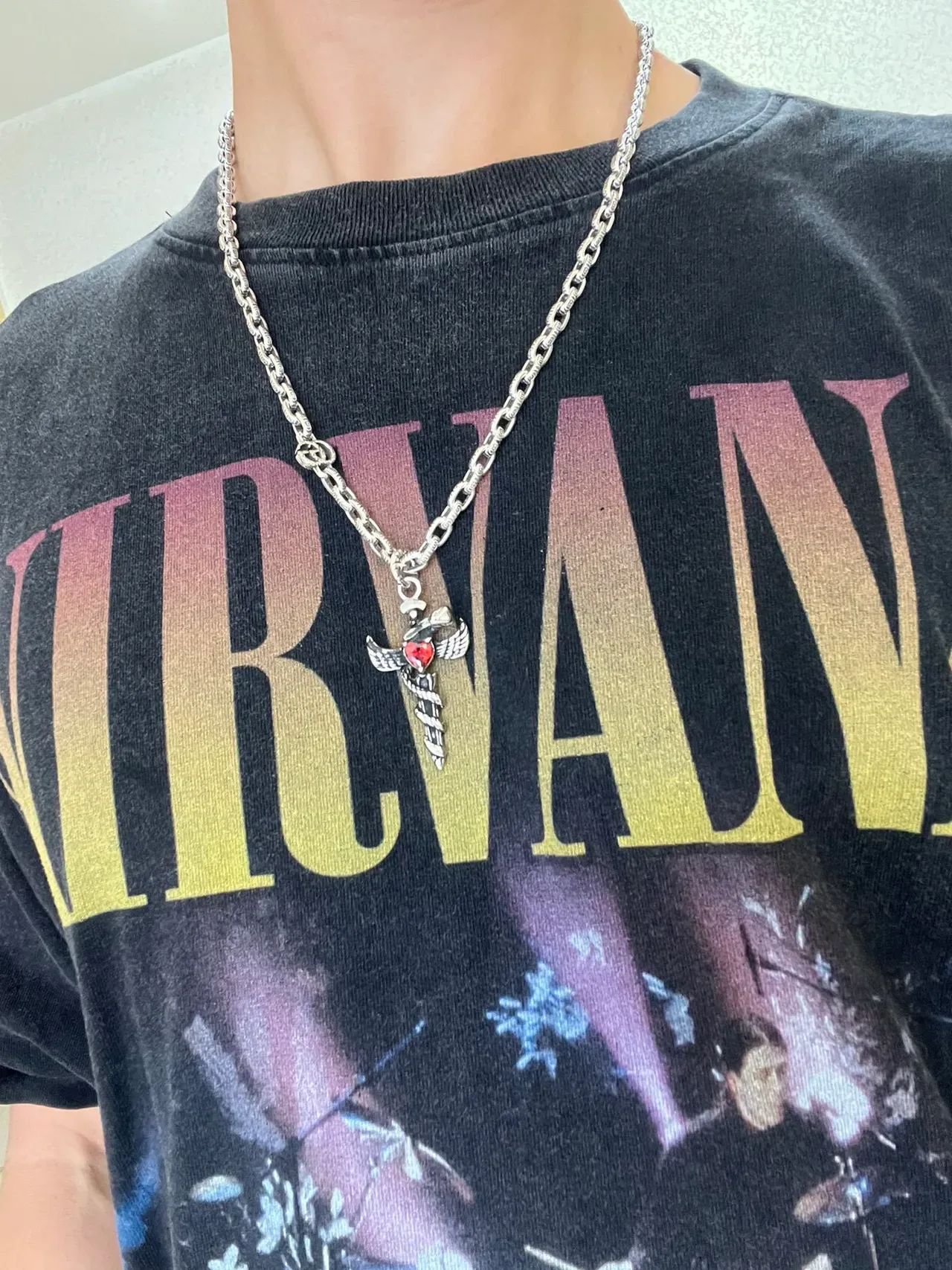 Gucci Silver Red Chain Link Winged Dagger Pendant Necklace 5
