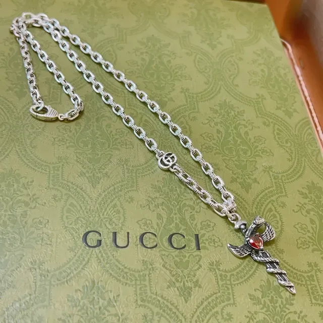 Gucci Silver Red Chain Link Winged Dagger Pendant Necklace 6