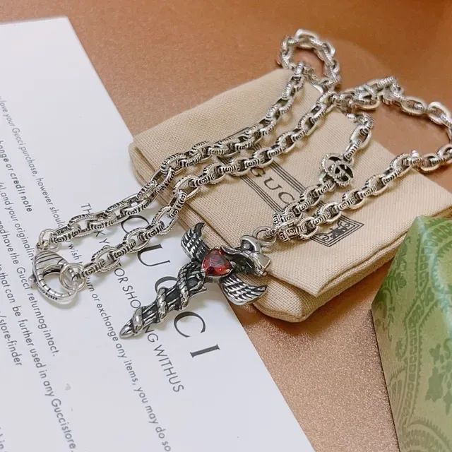 Gucci Silver Red Chain Link Winged Dagger Pendant Necklace 7