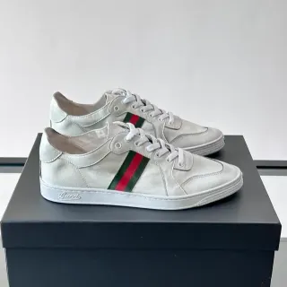 Gucci Silver Red Low-Top Leather Sneaker Web Stripe Side Panel Lifestyle Sneakers