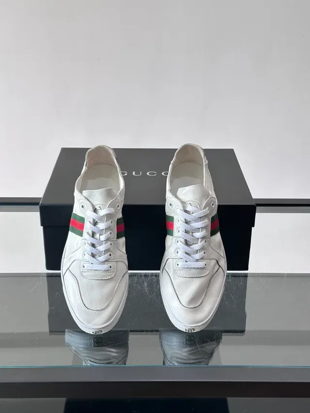 Gucci Silver Red Low-Top Leather Sneaker Web Stripe Side Panel Lifestyle Sneakers 4