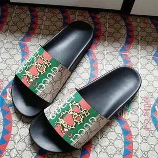 Gucci Slide Black Multicolor Flat Sole Wide Strap Slippers