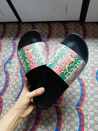 Gucci Slide Black Multicolor Flat Sole Wide Strap Slippers 4