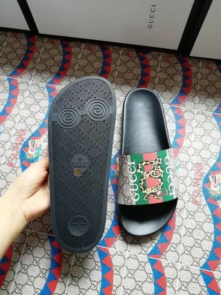 Gucci Slide Black Multicolor Flat Sole Wide Strap Slippers 7