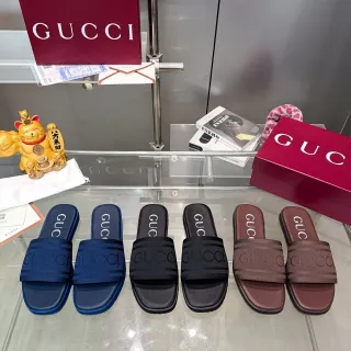 Gucci Slide Navy Brown Woven Strap Debossed Logo Slippers