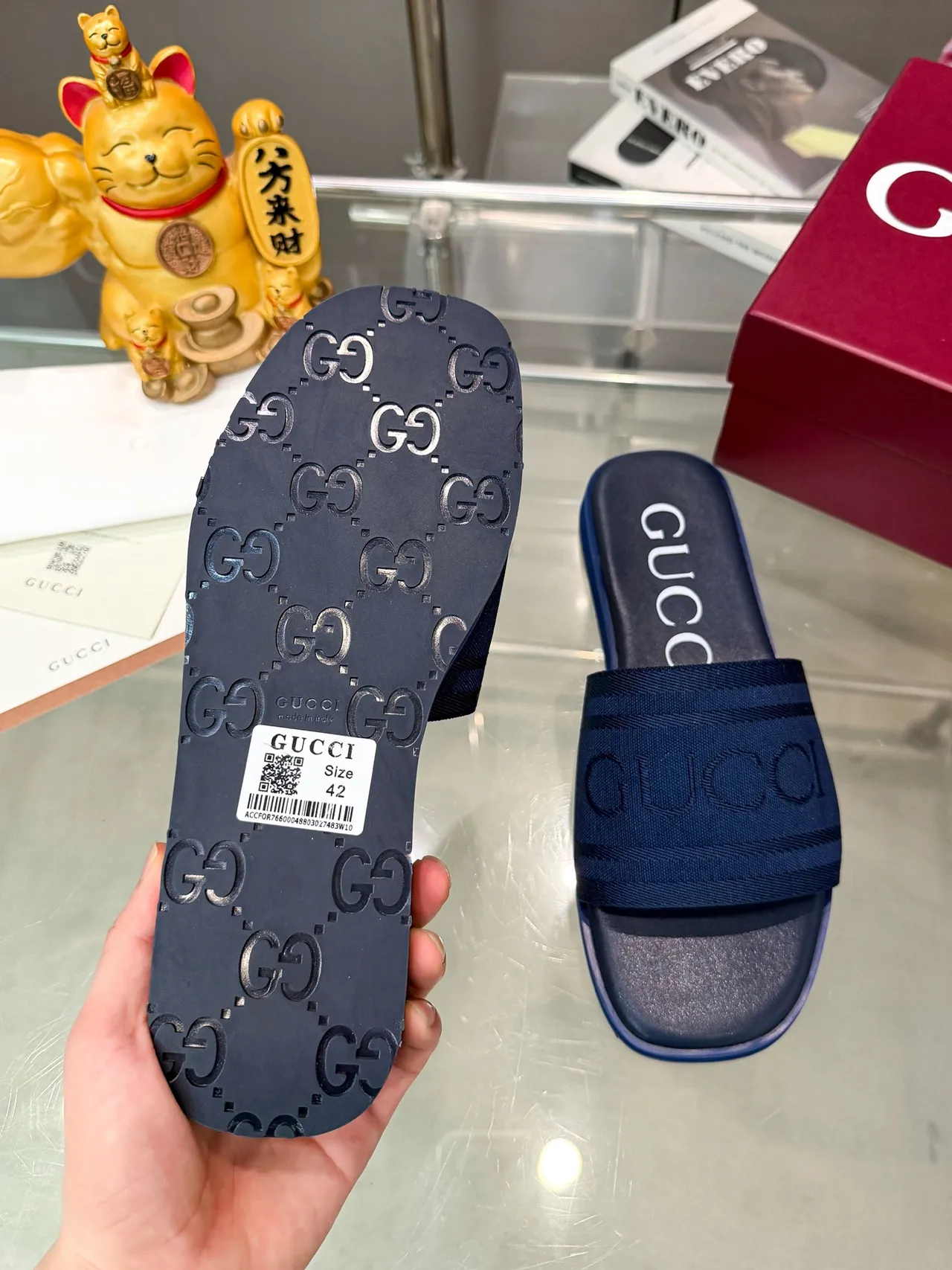 Gucci Slide Navy Brown Woven Strap Debossed Logo Slippers 2
