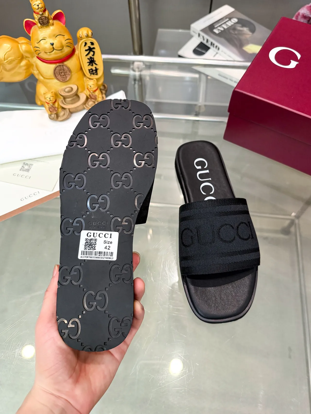 Gucci Slide Navy Brown Woven Strap Debossed Logo Slippers 3