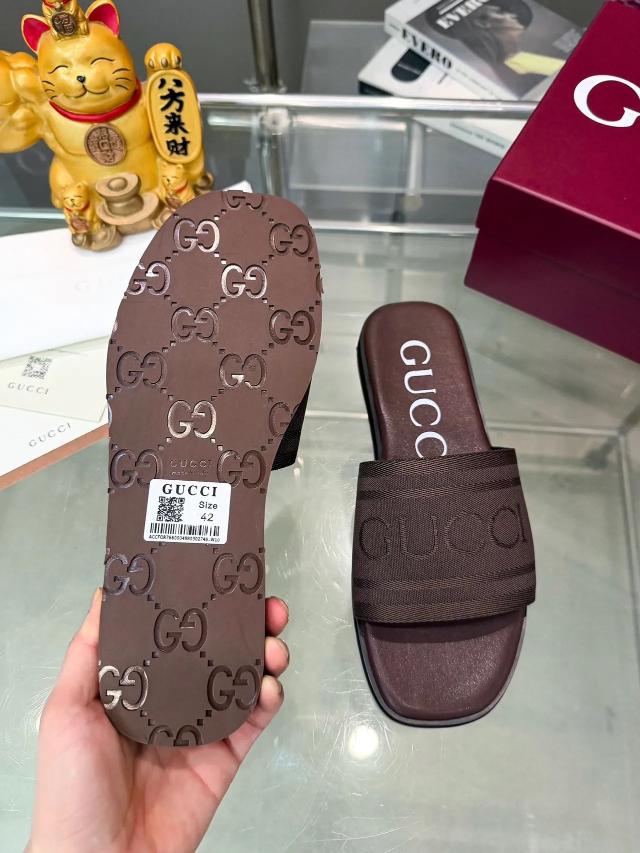 Gucci Slide Navy Brown Woven Strap Debossed Logo Slippers 4