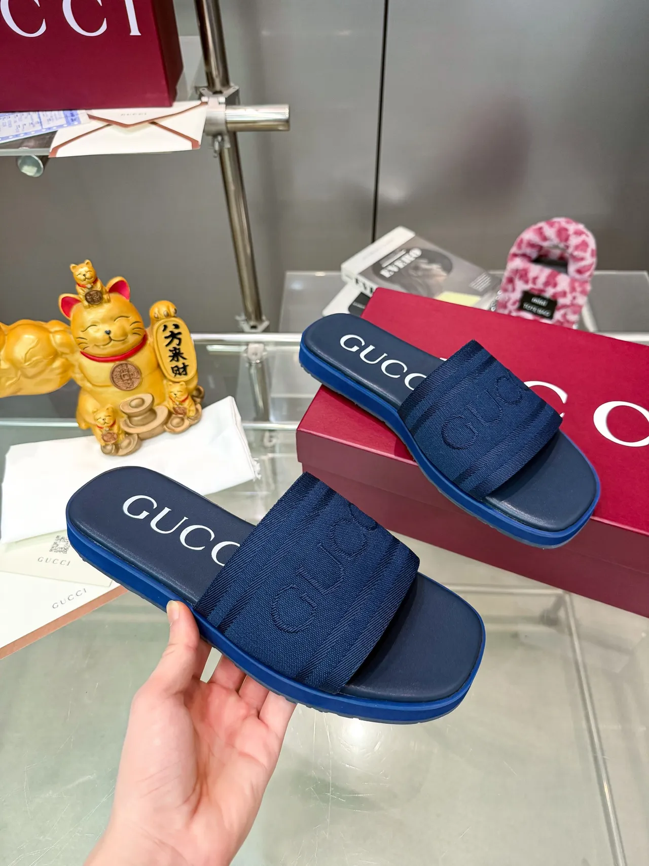 Gucci Slide Navy Brown Woven Strap Debossed Logo Slippers 5