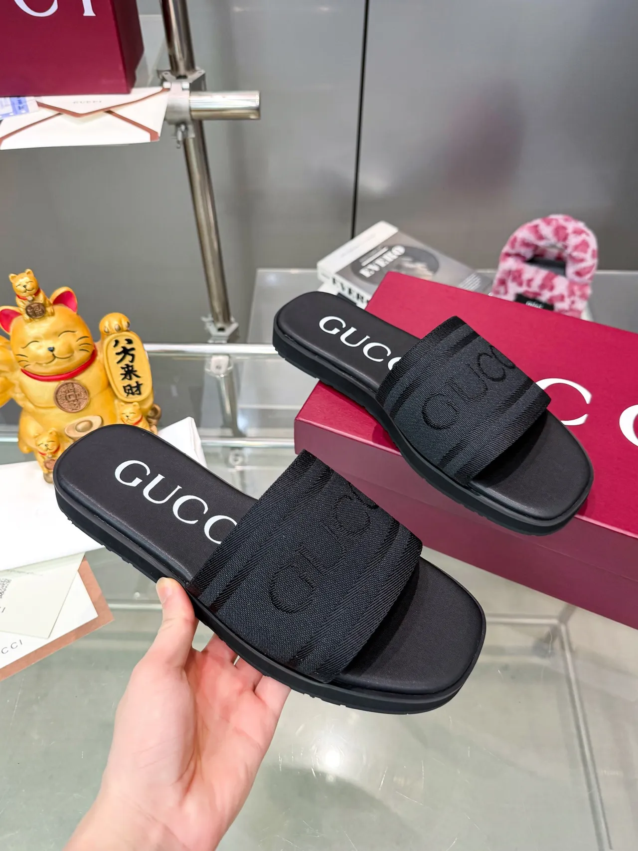 Gucci Slide Navy Brown Woven Strap Debossed Logo Slippers 6
