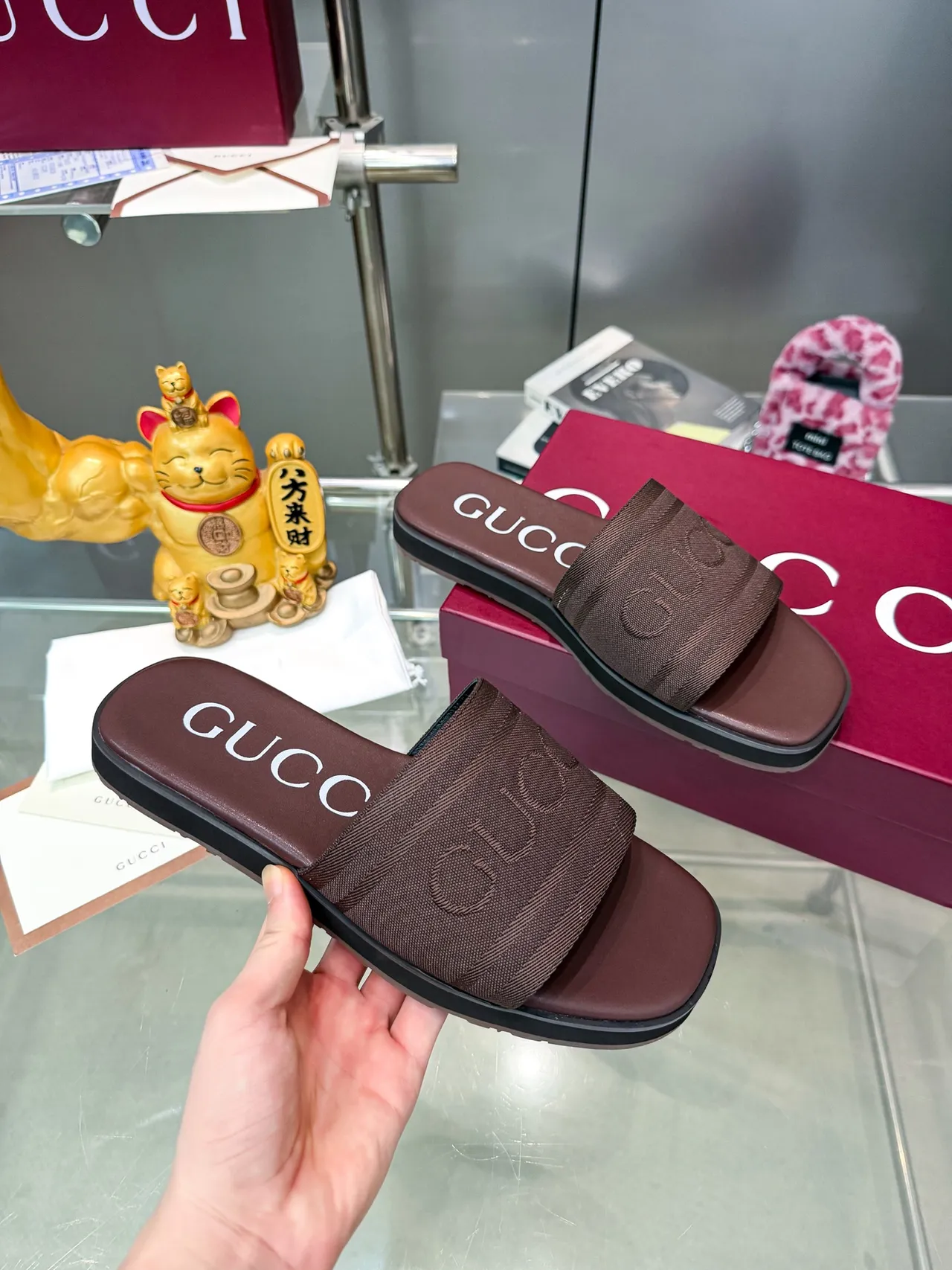 Gucci Slide Navy Brown Woven Strap Debossed Logo Slippers 7