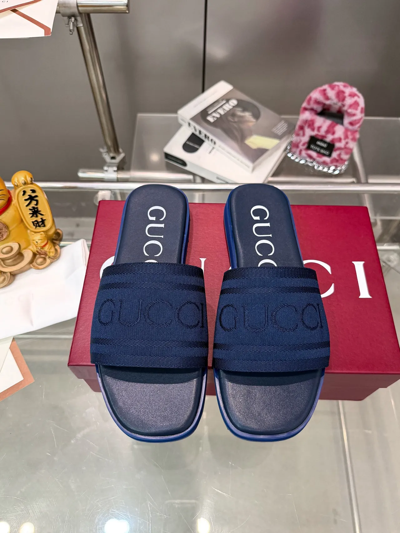 Gucci Slide Navy Brown Woven Strap Debossed Logo Slippers 8