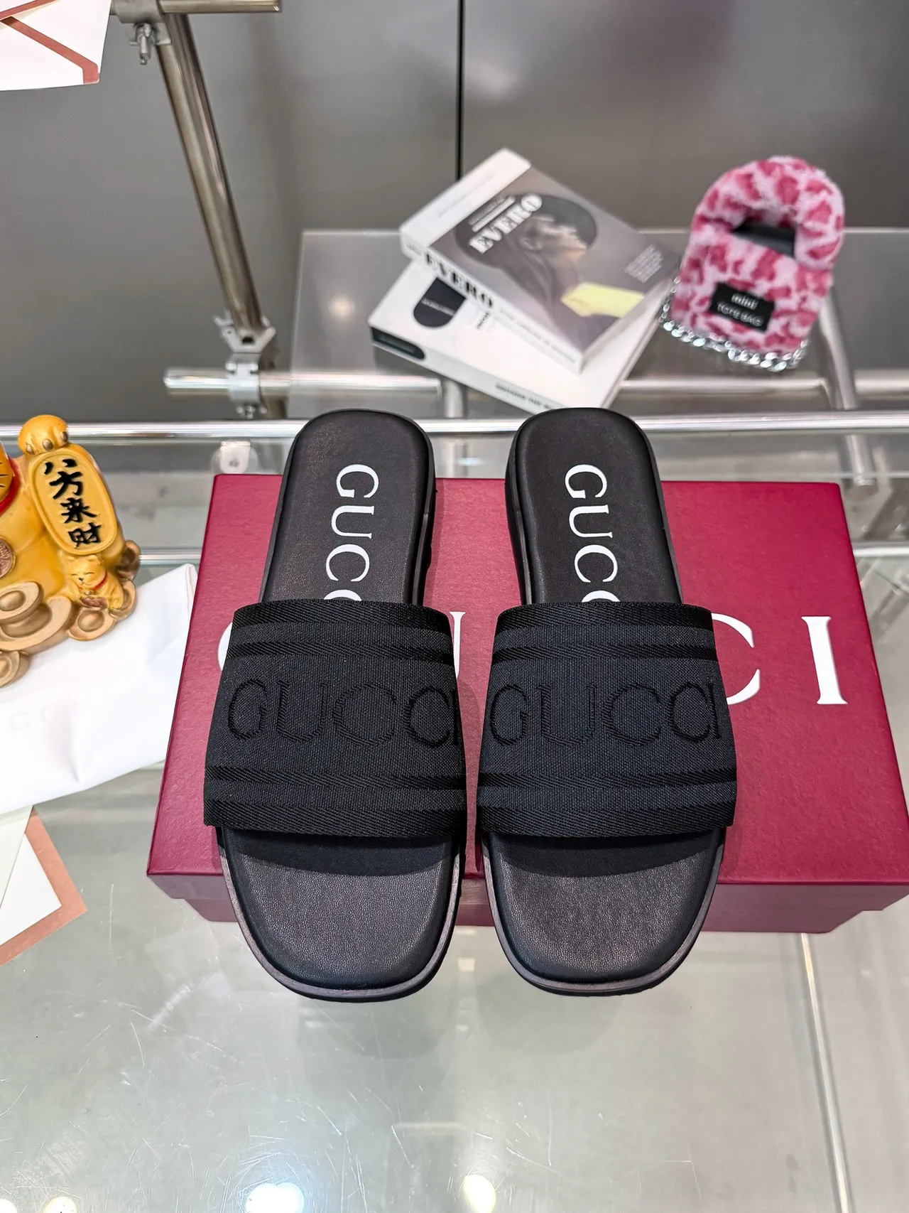Gucci Slide Navy Brown Woven Strap Debossed Logo Slippers 9