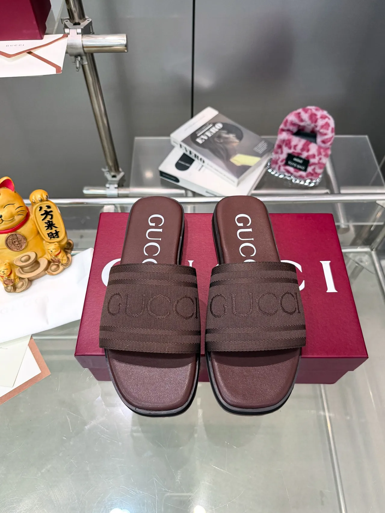 Gucci Slide Navy Brown Woven Strap Debossed Logo Slippers 10