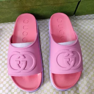 Gucci Slide Pink Purple Molded Rubber Interlocking G Logo Slippers