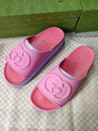 Gucci Slide Pink Purple Molded Rubber Interlocking G Logo Slippers 6