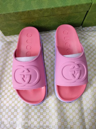 Gucci Slide Pink Purple Molded Rubber Interlocking G Logo Slippers 7