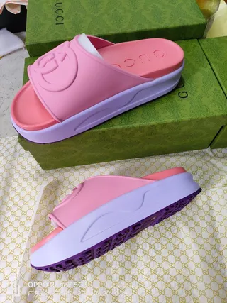 Gucci Slide Pink Purple Molded Rubber Interlocking G Logo Slippers 9