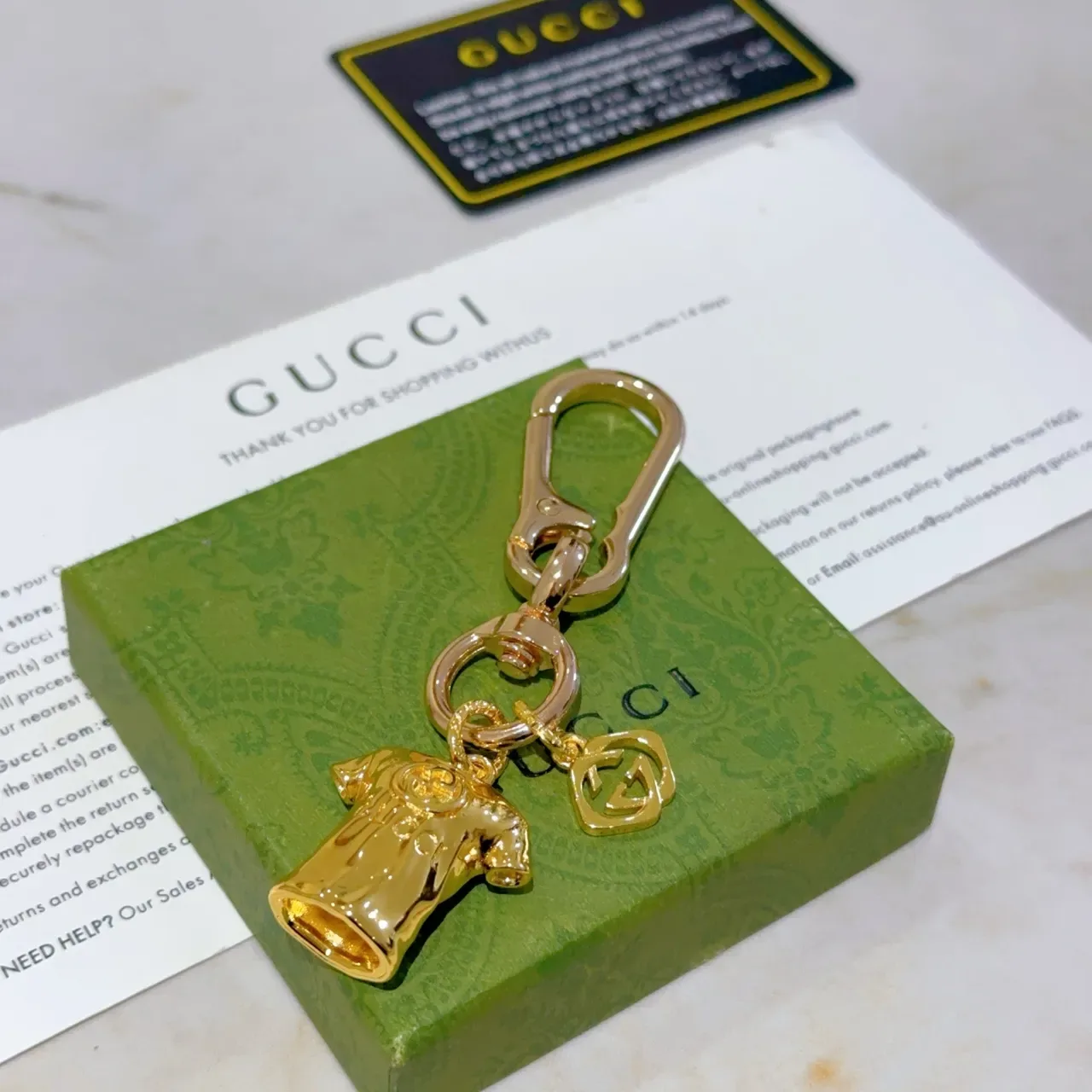 Gucci T-Shirt Charm Keychain Gold Green Polished Metal Bracelet 5