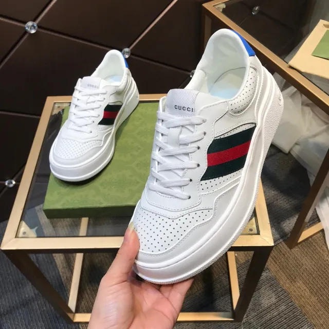 Gucci White Blue Perforated Leather Web Stripe Lifestyle Sneakers 2
