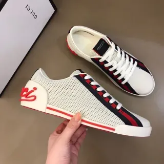 Gucci White Red Perforated Leather Upper Web Stripe Detail Lifestyle Sneakers
