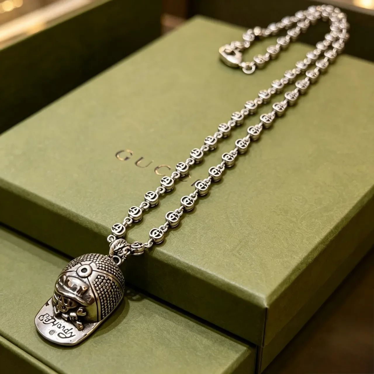Gucci x Ed Hardy Interlocking GG Link Baseball Cap Pendant Necklace 5