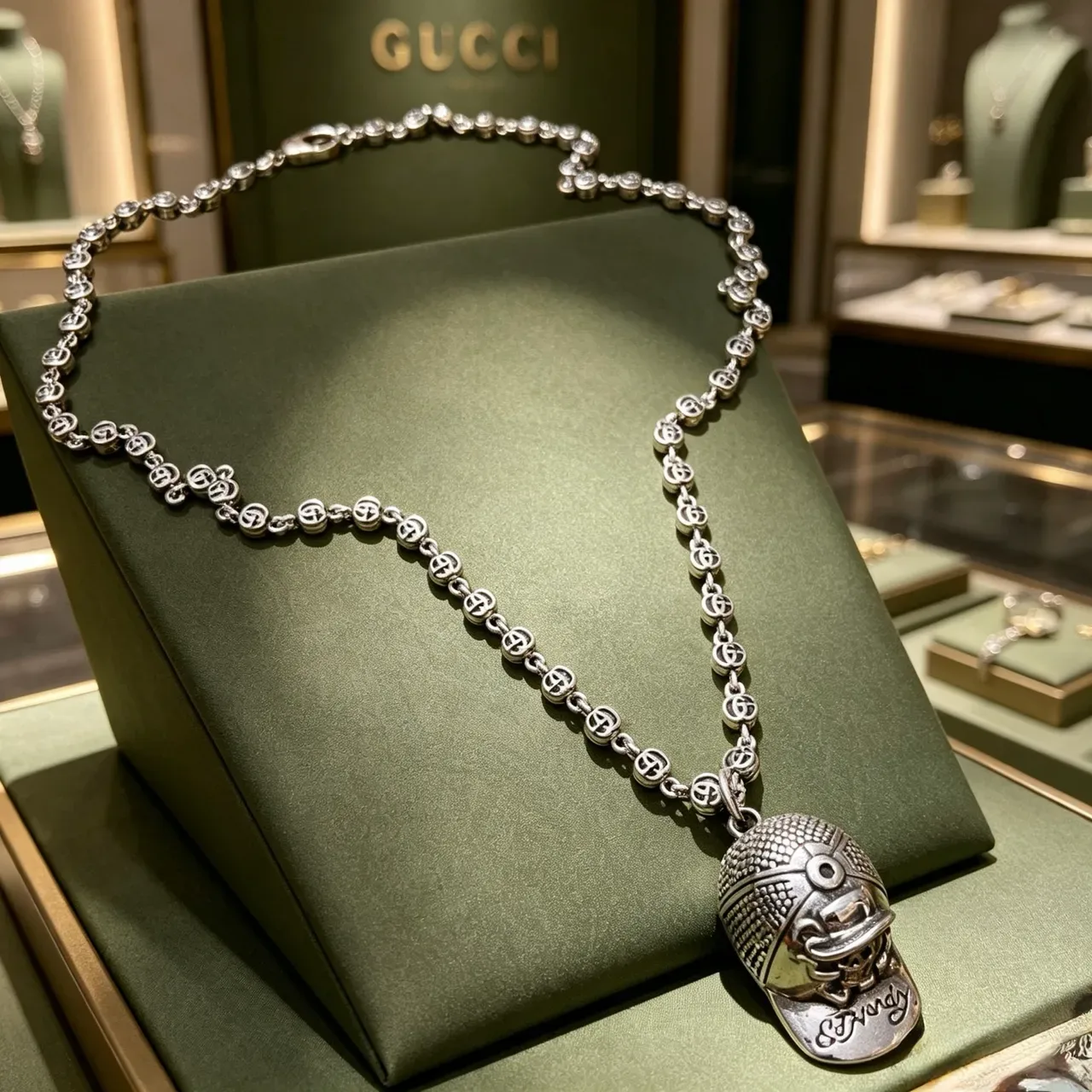 Gucci x Ed Hardy Interlocking GG Link Baseball Cap Pendant Necklace 8