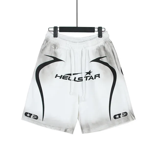 Hellstar شورت أسود أبيض حزام السحب لوحات جانبية جرافيكس 16