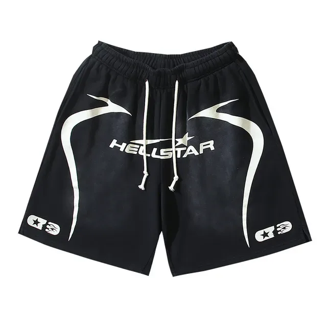 Hellstar شورت أسود أبيض حزام السحب لوحات جانبية جرافيكس 19