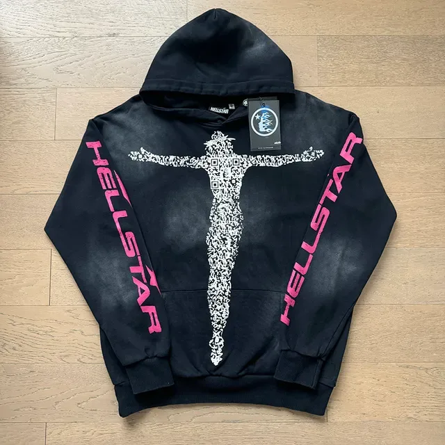Hellstar Pixel Crucifix Moletom com capuz Preto e Rosa 3