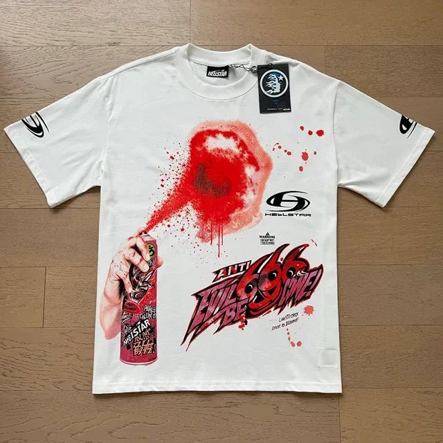 Hellstar White Red Graphic Print Spray-Paint Effect T-Shirt 8