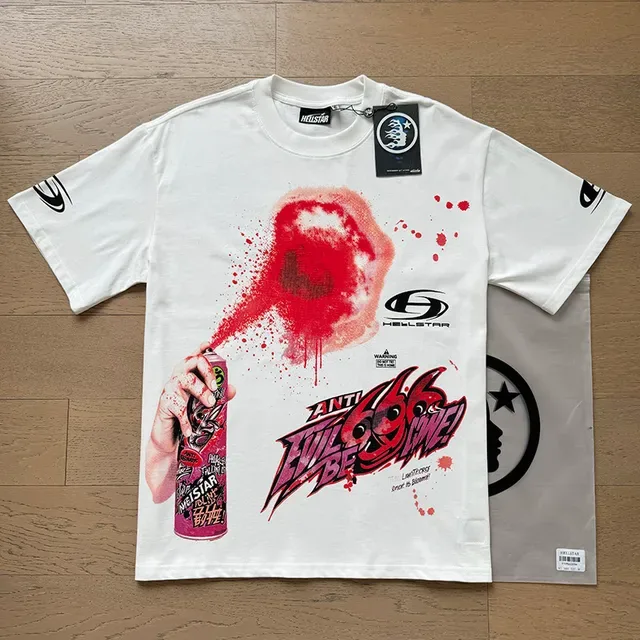 Hellstar White Red Graphic Print Spray-Paint Effect T-Shirt 9