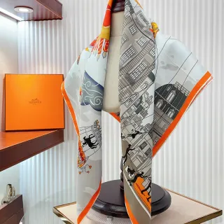 Hermès आर्किटेक्चरल सिटी प्रिंट ऑरेंज बॉर्डर सिल्क स्कार्फ