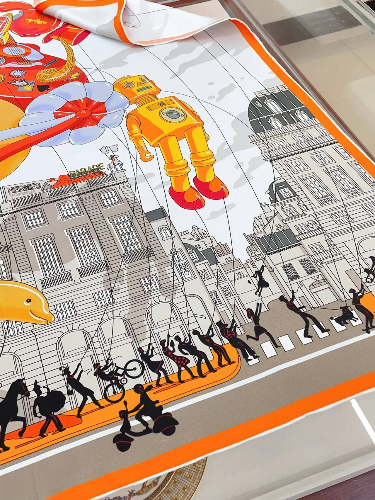 Hermès Impressão Arquitetônica da Cidade Borda Laranja Lenço de Seda 7