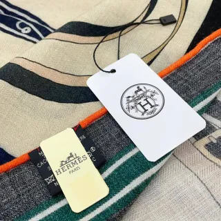 Hermès Beige Multicolor Printed Geometric And Heraldic Motifs Multi-Color Striped Border Scarve
