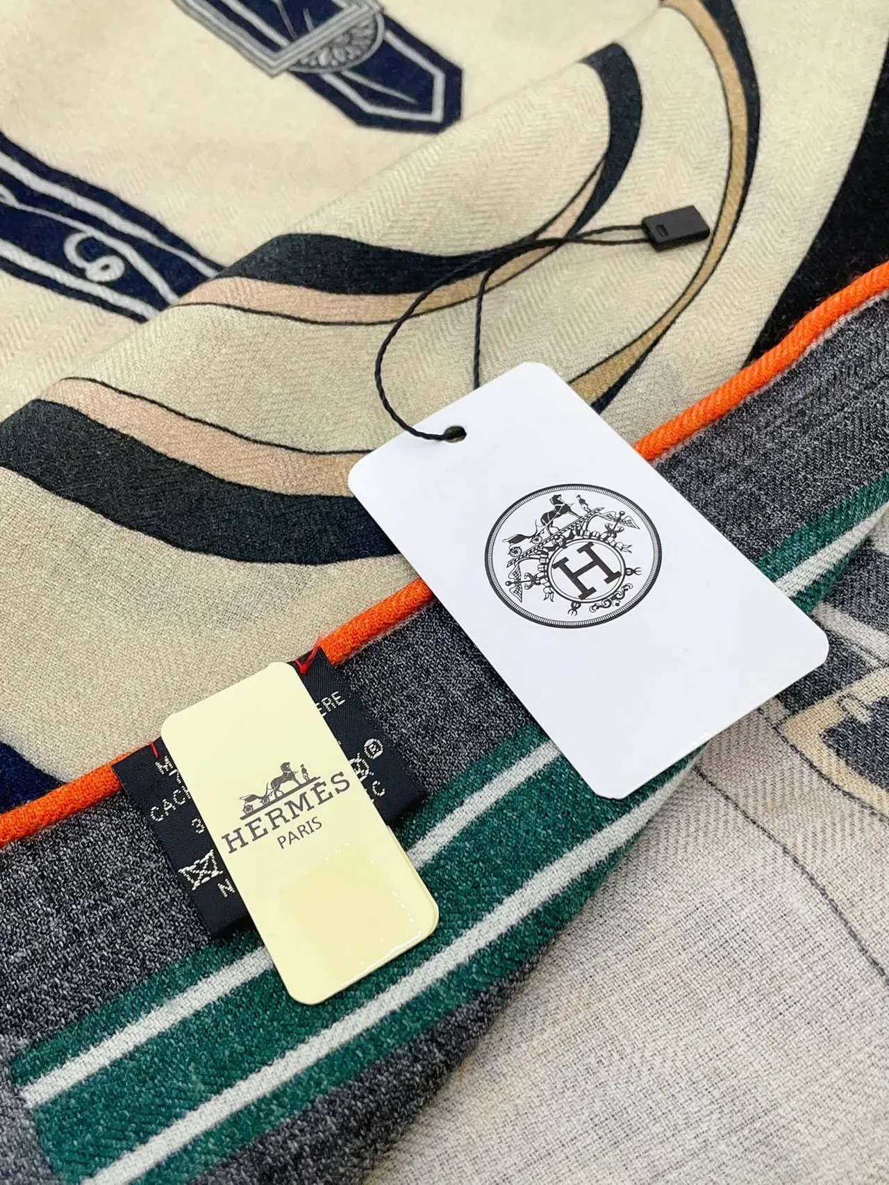 Hermès Beige Multicolor Printed Geometric And Heraldic Motifs Multi-Color Striped Border Scarve 1